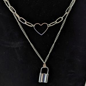 Silver Heart chain necklace lock double layer